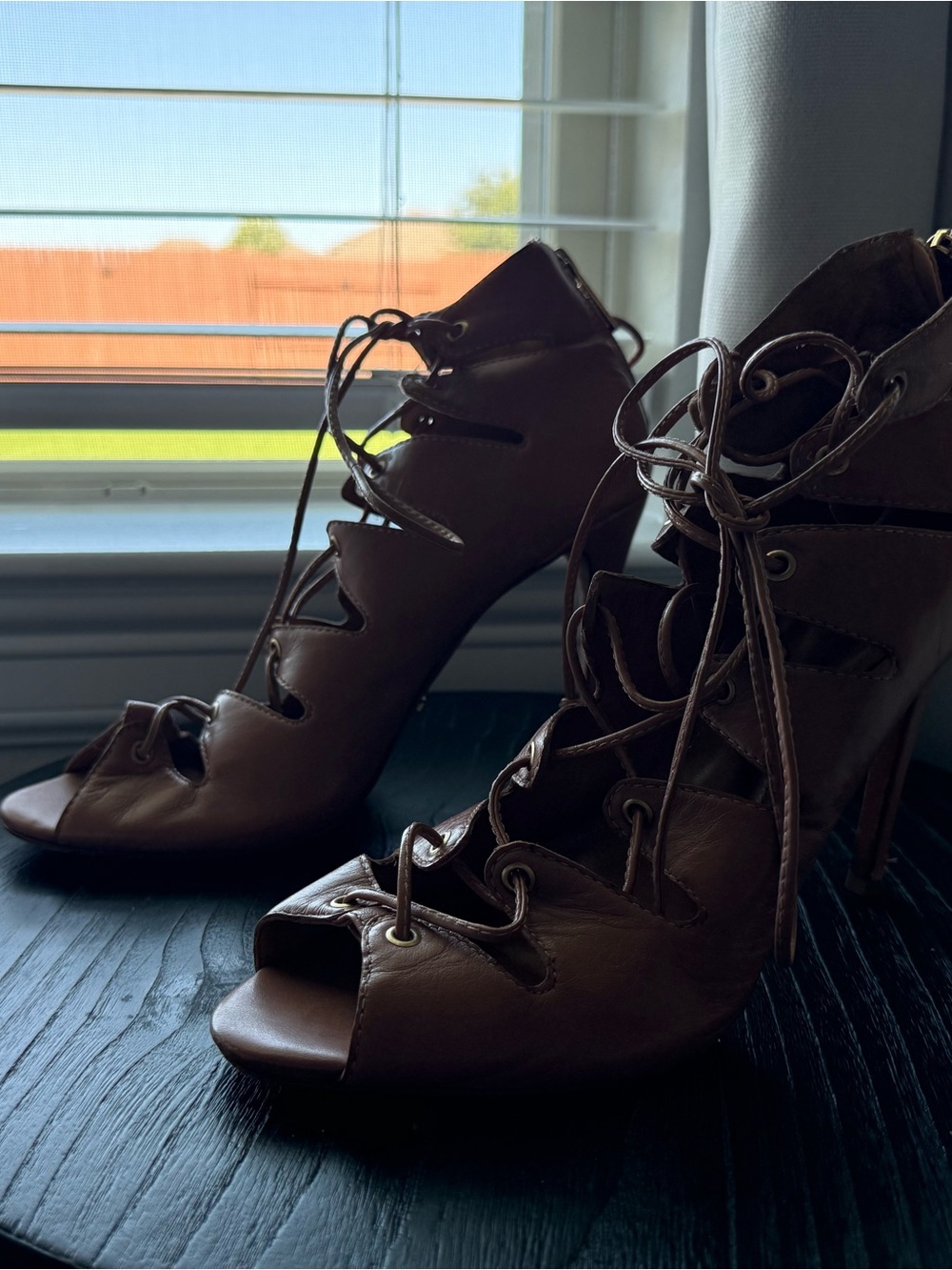 SCHUTZ Pink Lace-Up Open Toe Stiletto Heels - Picture 8 of 10